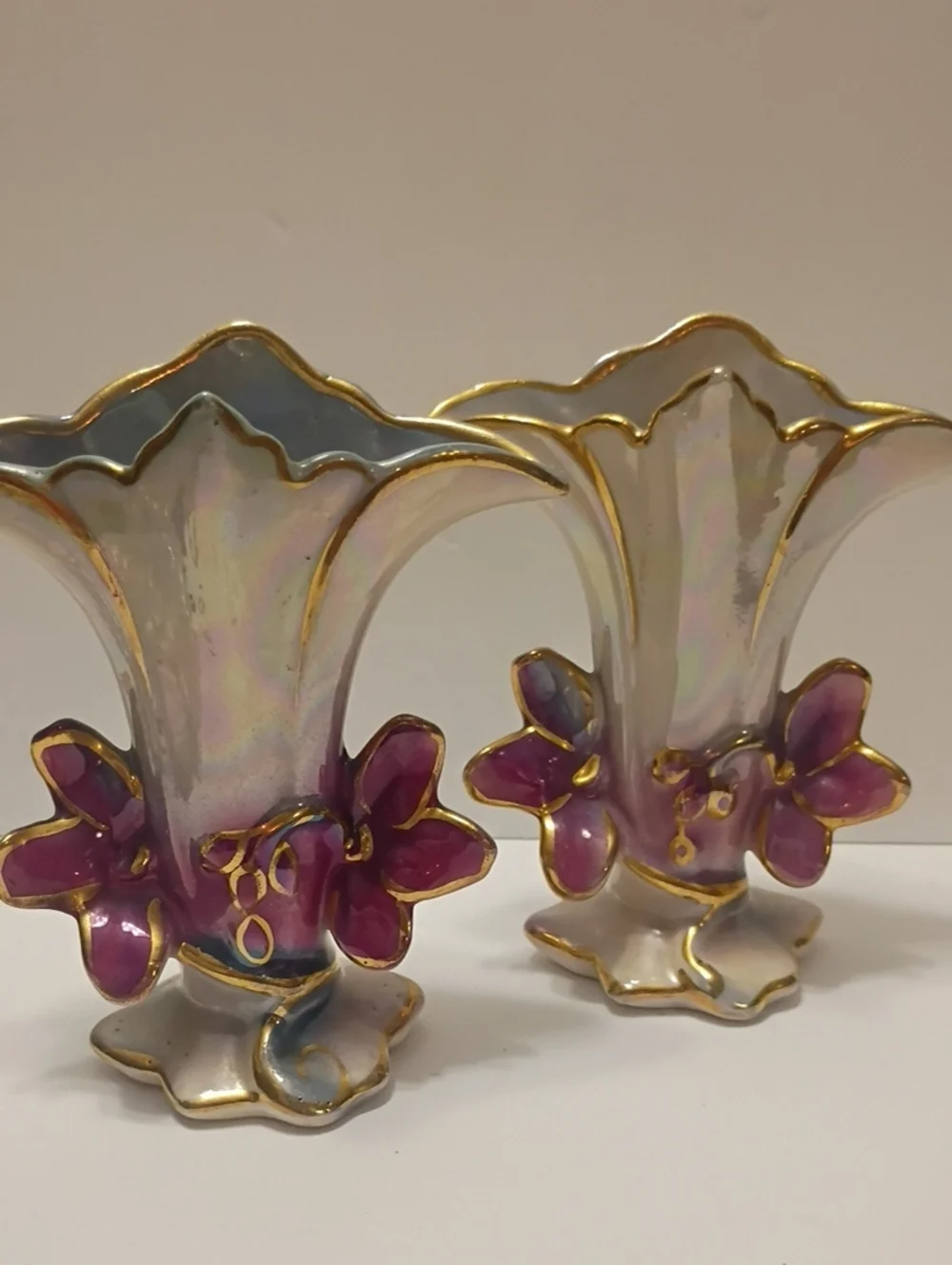 Mid Century Goldra E Palestine Lusterware Floral Porcelain Vase Pair